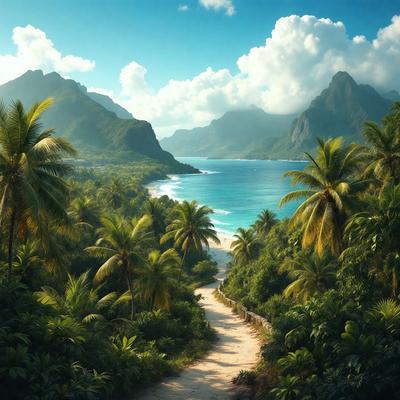 Primary subject: A pathway in a tropical forest.

Setting/background: The pathway is surrounded by lush green trees and mountains in the background.

Visual style: The image is a digital art illustration.

Colors and mood: The image is in shades of green, blue, and yellow, creating a serene and lively atmosphere.